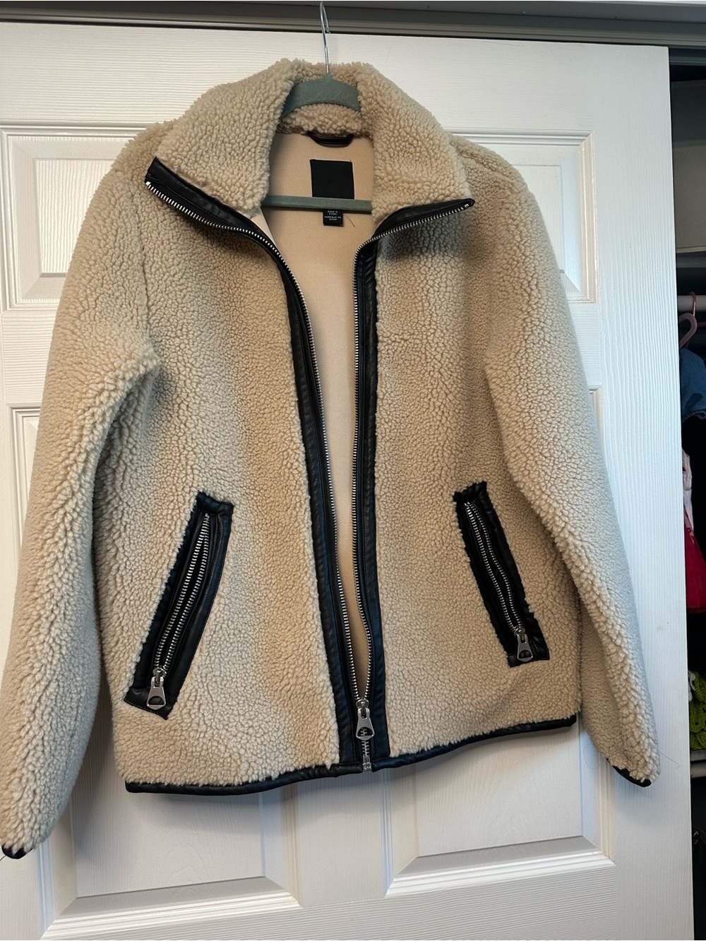 H&M Cream Teddy Jacket with Black Trim & Zips